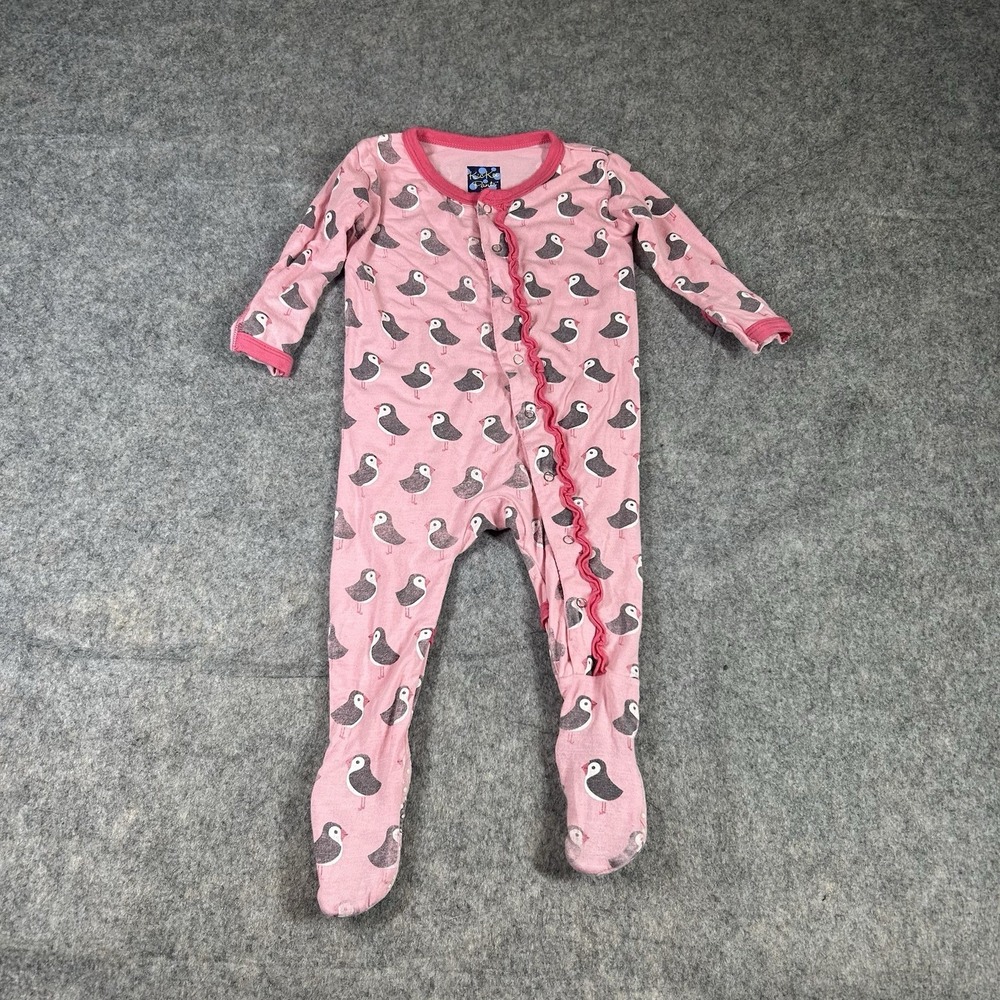 KicKee Pants Pajamas Baby Girls 3-6 Months Bamboo Penguin Pink Ruffle Butt